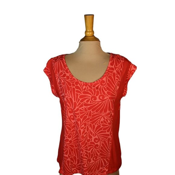 LIZ CLAIBORNE Scoop Neck Cap Sleeve T-Shirt Red and Orange Pattern Size Large - Picture 10 of 10